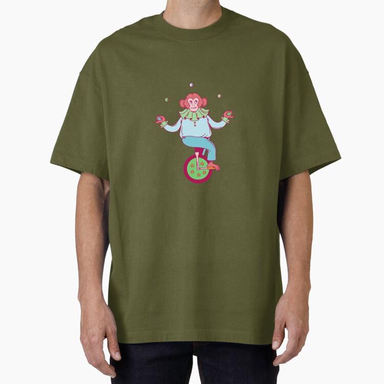 A Mischievous Monkey Juggler Riding A Unicycle Oversized T-Shirt