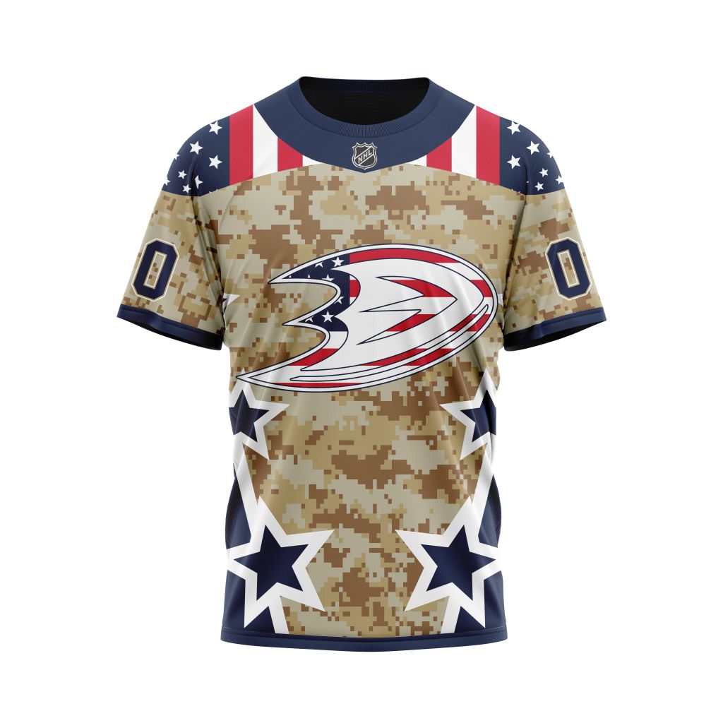 Buildercar - Anaheim Ducks Camo Color And Our Beloved American Flag Personalized Name And Number T-Shirt