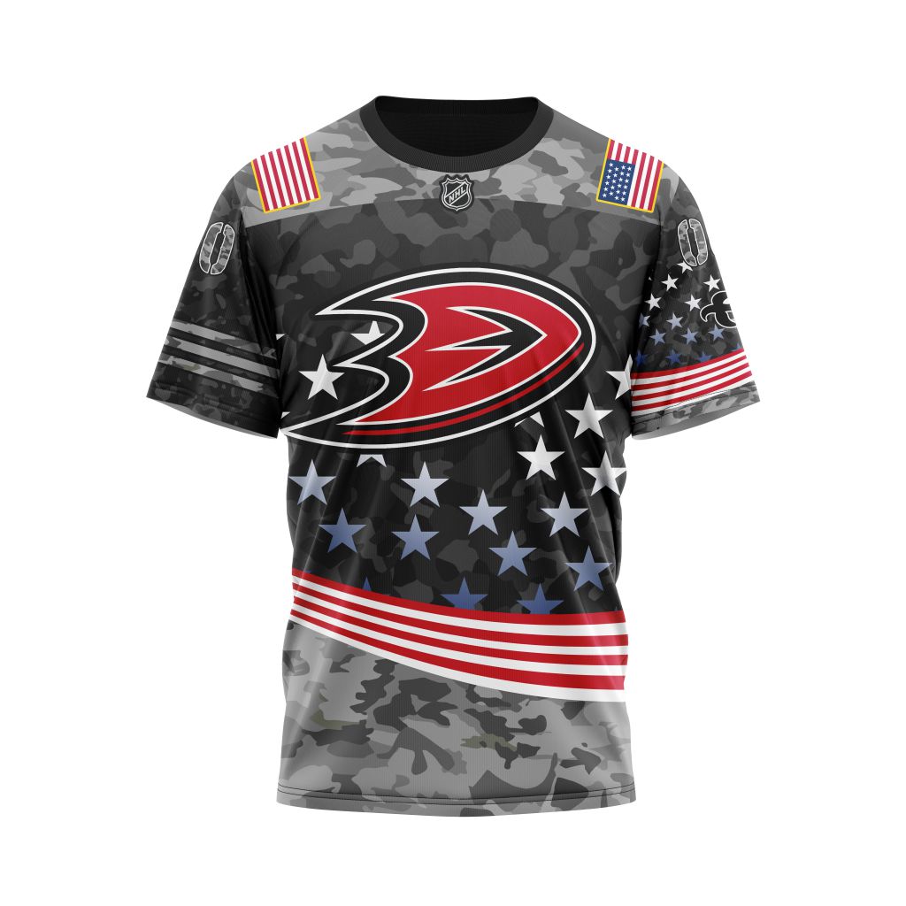 Buildercar - Anaheim Ducks Color And Our Beloved American Flag Color Personalized Name And Number T-Shirt
