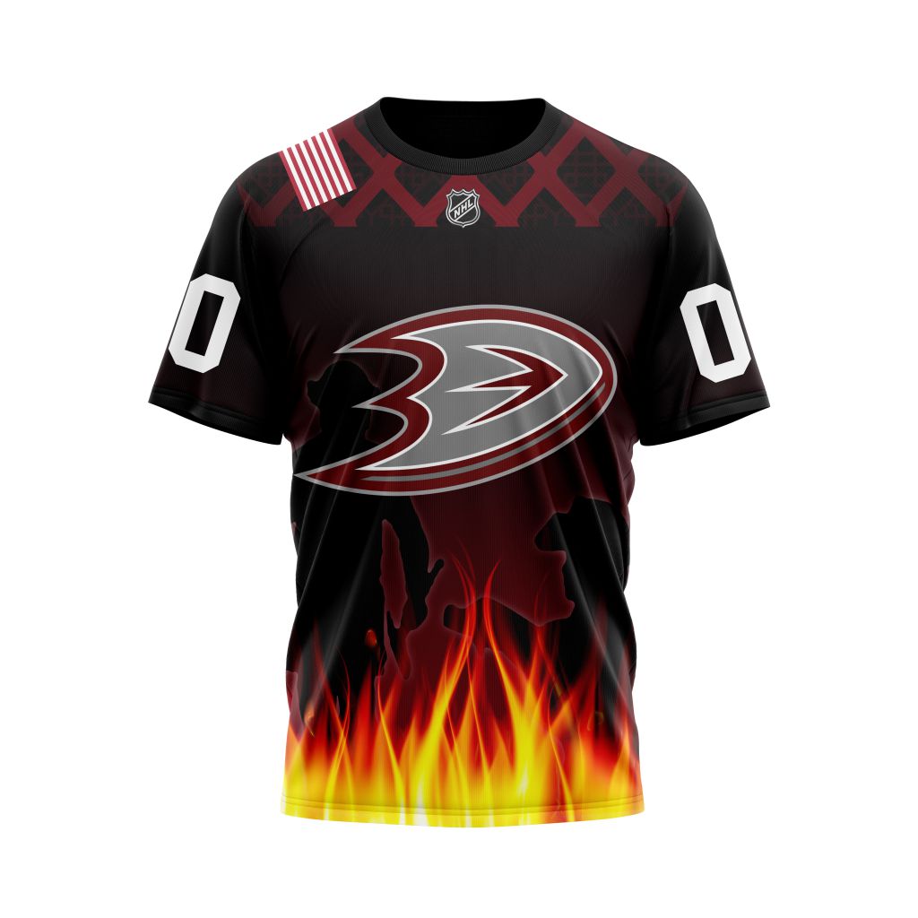 Buildercar - Anaheim Ducks Honorr Firefighter As Hero Of The Game With The Flames Pattern Kits Personalized Name And Number T-Shirt