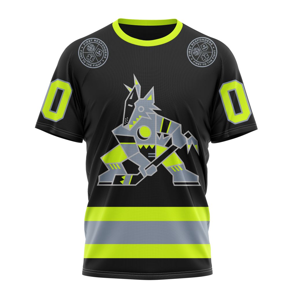 Buildercar - Arizona Coyotes Unisex Kits With FireFighter Uniforms Color Personalized Name And Number T-Shirt