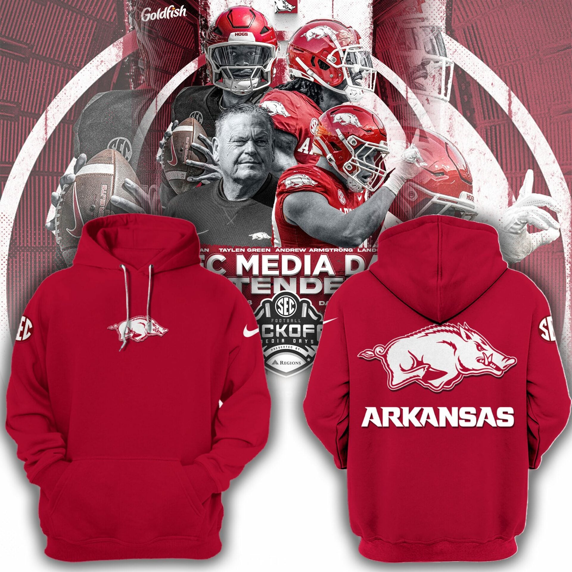 Buildercar - Arkansas Razorbacks Big Logo Red NCAA Hoodie Tracksuit