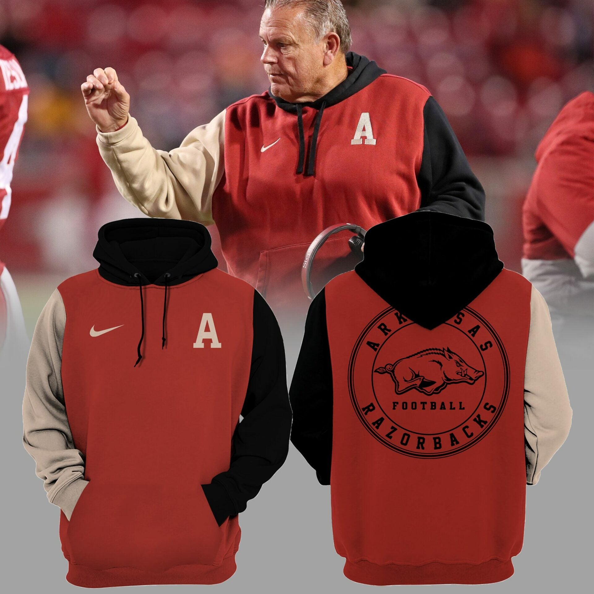 Buildercar - Arkansas Razorbacks Cream Black Sleeves NCAA Hoodie Tracksuit