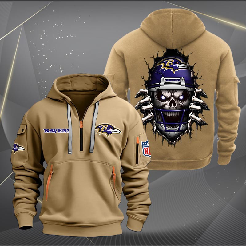 Buildercar - Baltimore Ravens Football Player Skull Quarter Zip Hoodie
