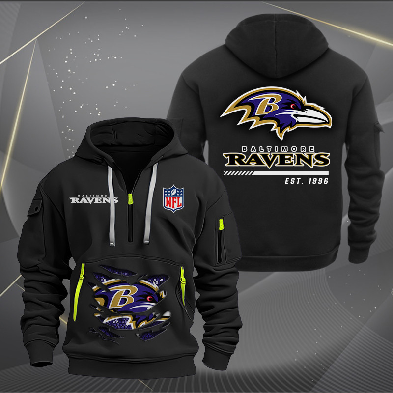 Buildercar - Baltimore Ravens Monster Scratch 2 Logo NFL Quarter Zip Hoodie