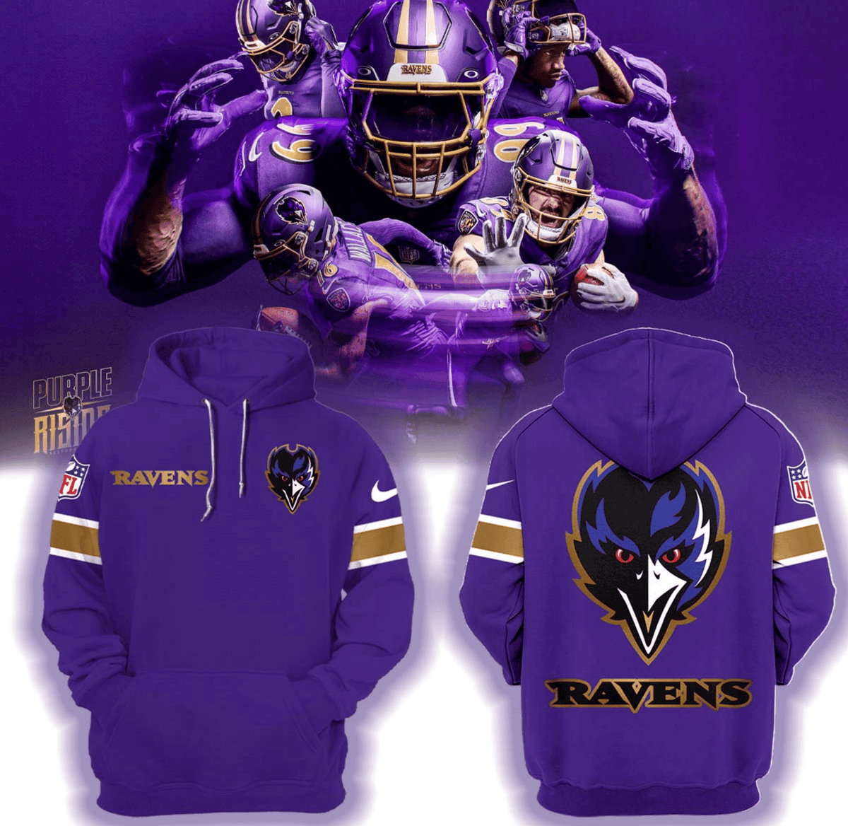 Buildercar - Baltimore Ravens Purple Rising NFL 3D Hoodie