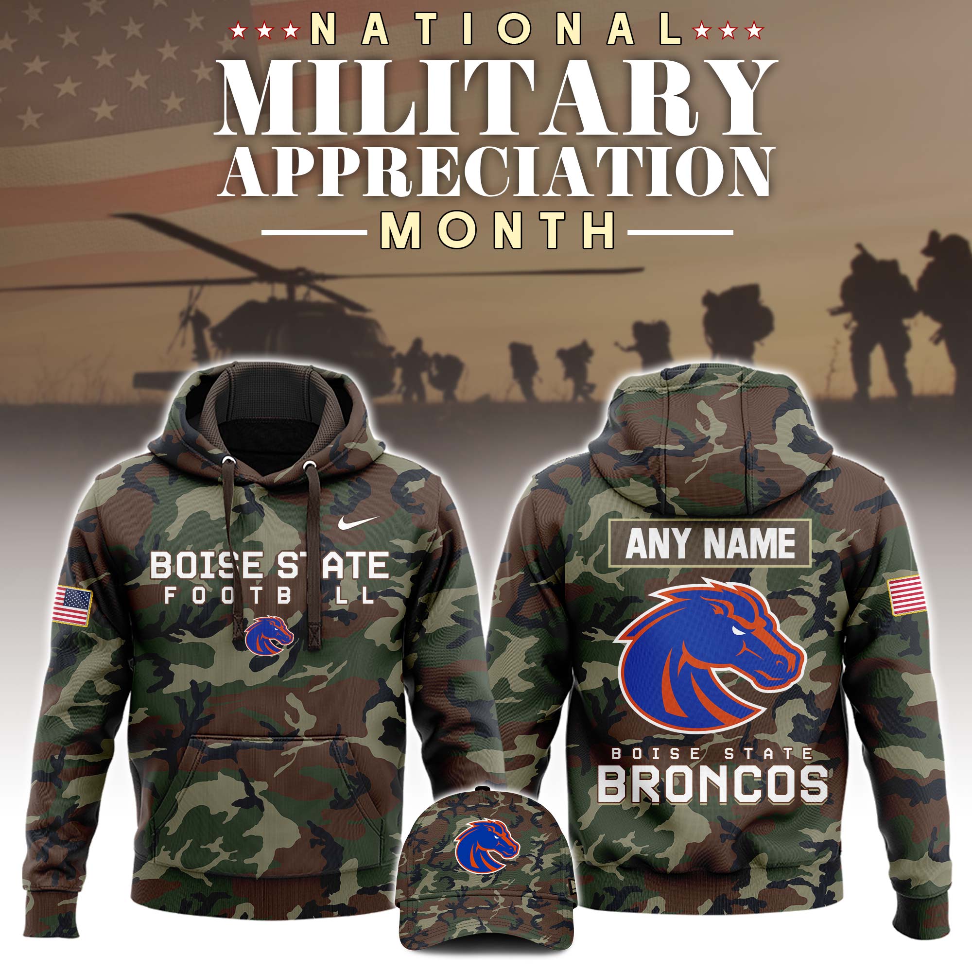 Buildercar - Boise State Broncos Football 2025 Military Appreciation Custom Name NCAA Hoodie Tracksuit