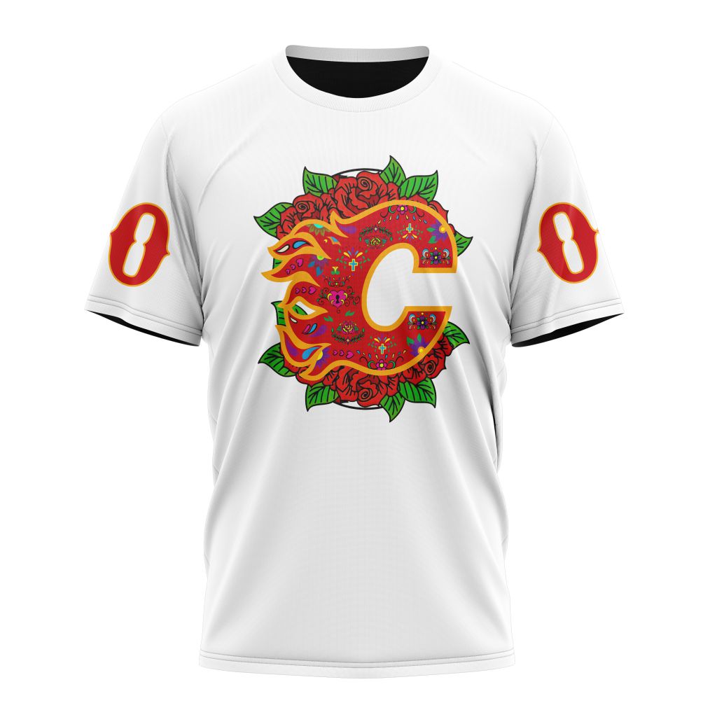 Buildercar - Calgary Flames Unisex Kits Dia De Muertos Personalized Name And Number T-Shirt