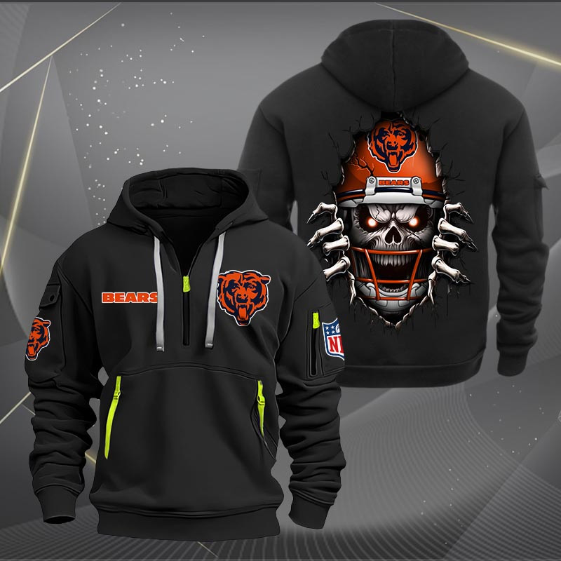 Buildercar - Chicago Bears Football Player Skull Quarter Zip Hoodie