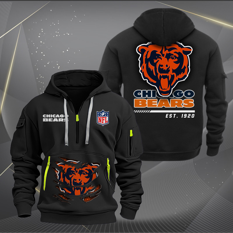 Buildercar - Chicago Bears Monster Scratch 2 Logo NFL Quarter Zip Hoodie