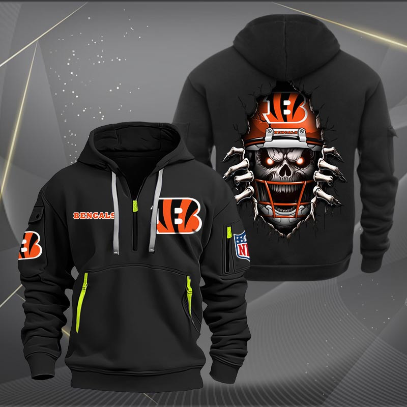 Buildercar - Cincinnati Bengals Football Player Skull Quarter Zip Hoodie