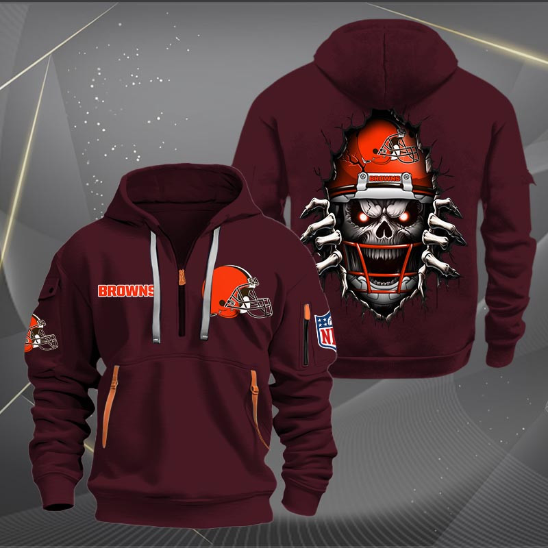 Buildercar - Cleveland Browns Football Player Skull Quarter Zip Hoodie