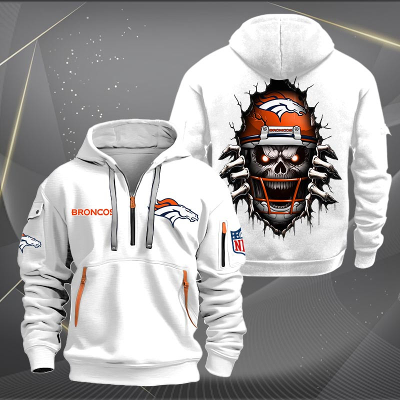 Buildercar - Denver Broncos Football Player Skull Quarter Zip Hoodie