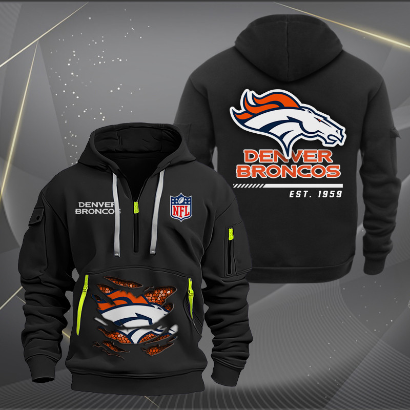 Buildercar - Denver Broncos Monster Scratch 2 Logo NFL Quarter Zip Hoodie