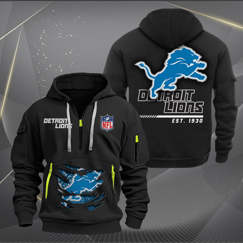 Buildercar - Detroit Lions Monster Scratch 2 Logo NFL Quarter Zip Hoodie