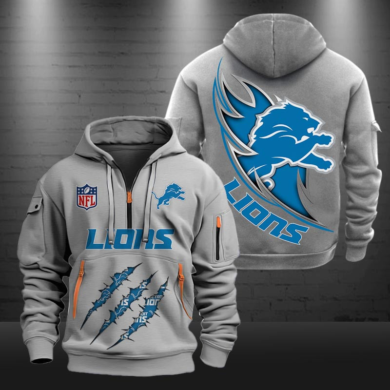 Buildercar - Detroit Lions Monster Scratch Logo NFL Quarter Zip Hoodie