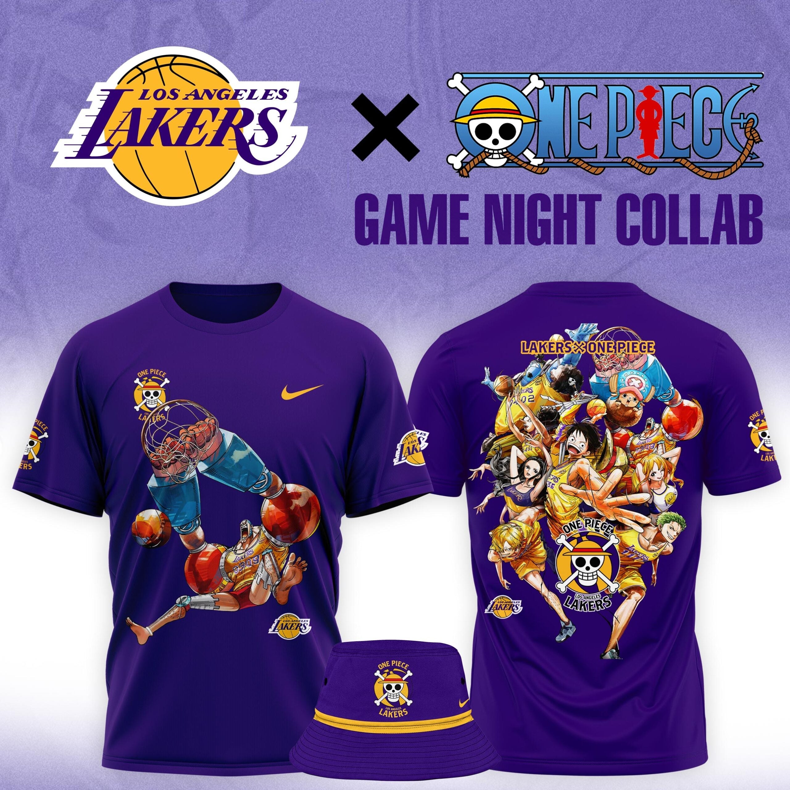 Buildercar - Franky One Piece feat NBA Lakers Purple T-Shirt Hoodie Suit