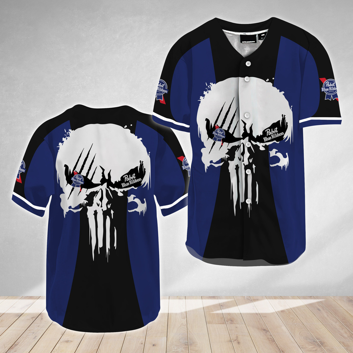 Buildercar - Ghost Head White Skull Pabst Blue Ribbon Baseball Jersey