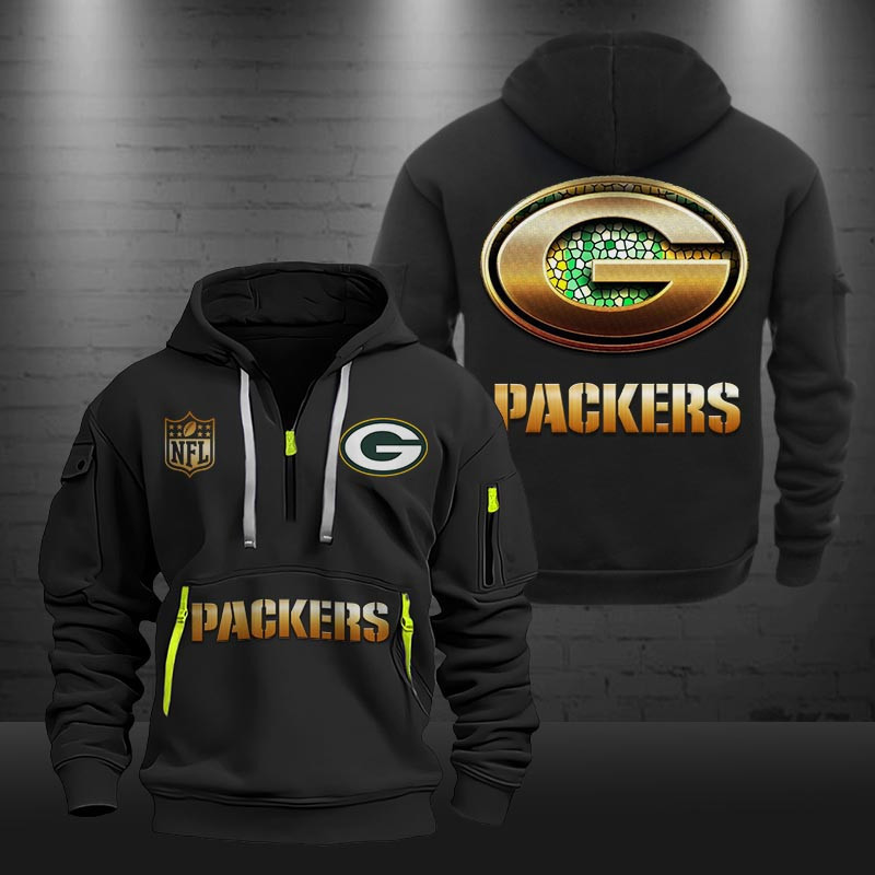 Buildercar - Green Bay Packers Golden Logo NFL Quarter Zip Hoodie