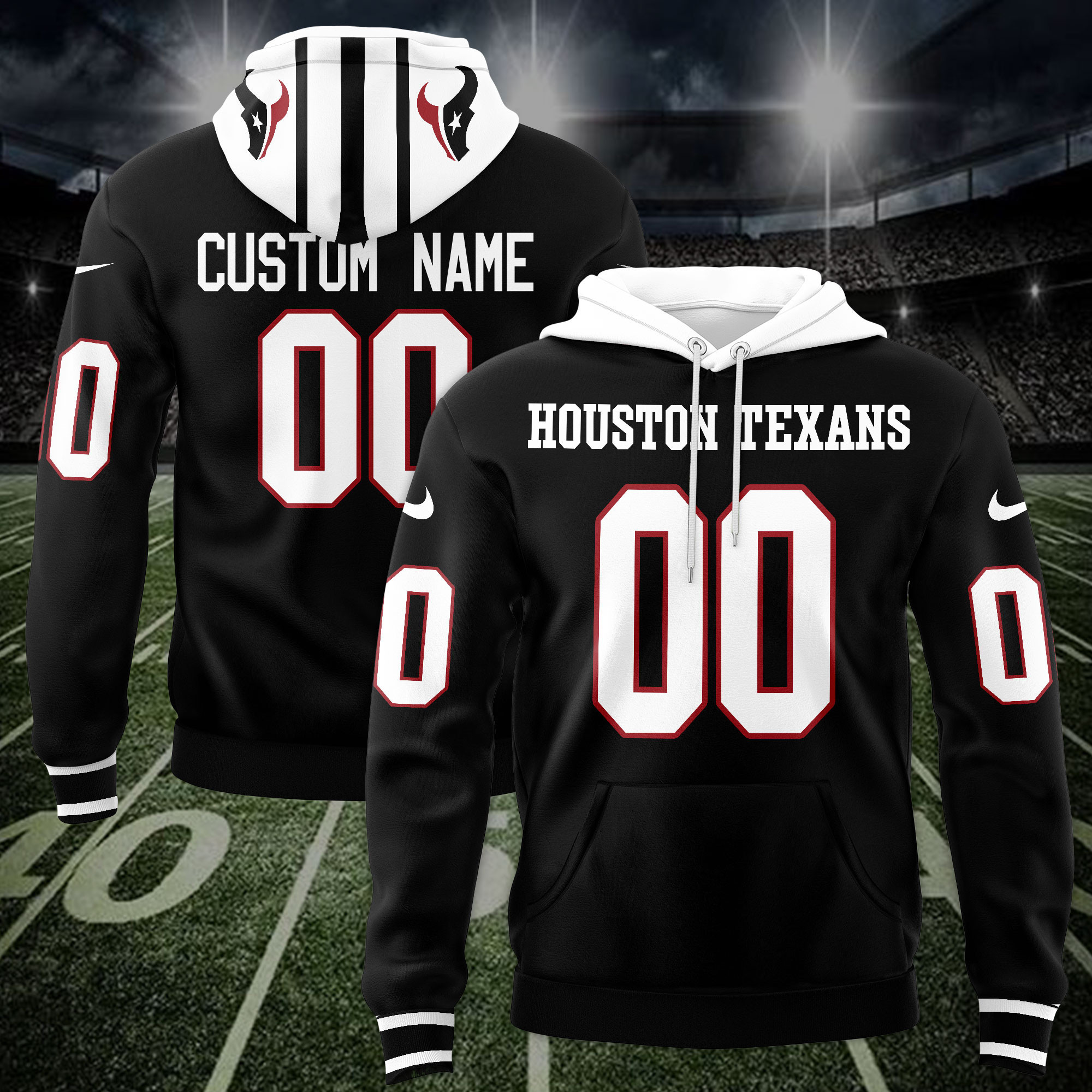 Buildercar - Houston Texans Custom Name And Number 3D Hoodie Style 162