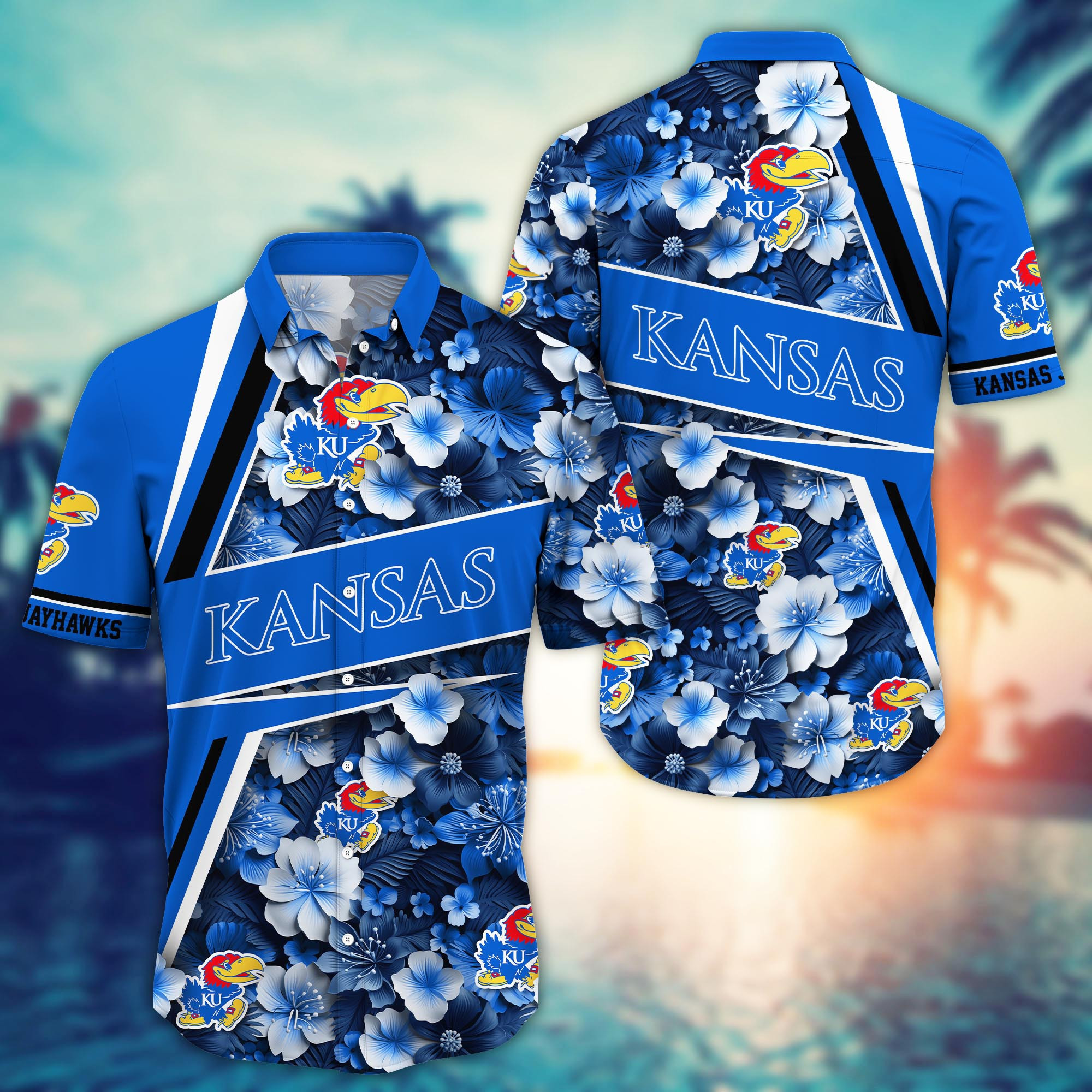 Buildercar - Kansas Jayhawks Flowered Aloha Hawaiian Shirt