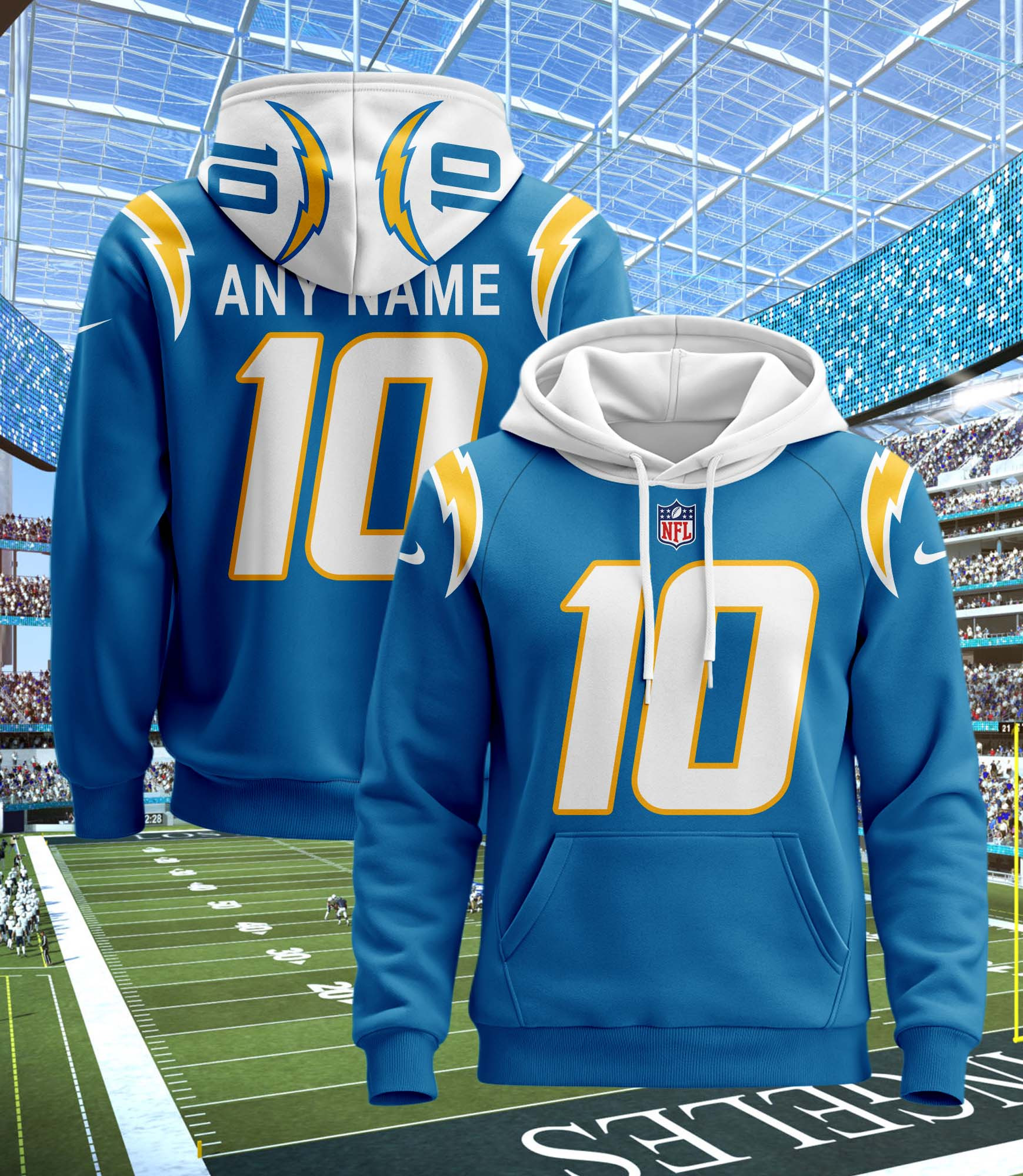 Buildercar - Los Angeles Chargers Custom Name And Number 3D Hoodie Style 181