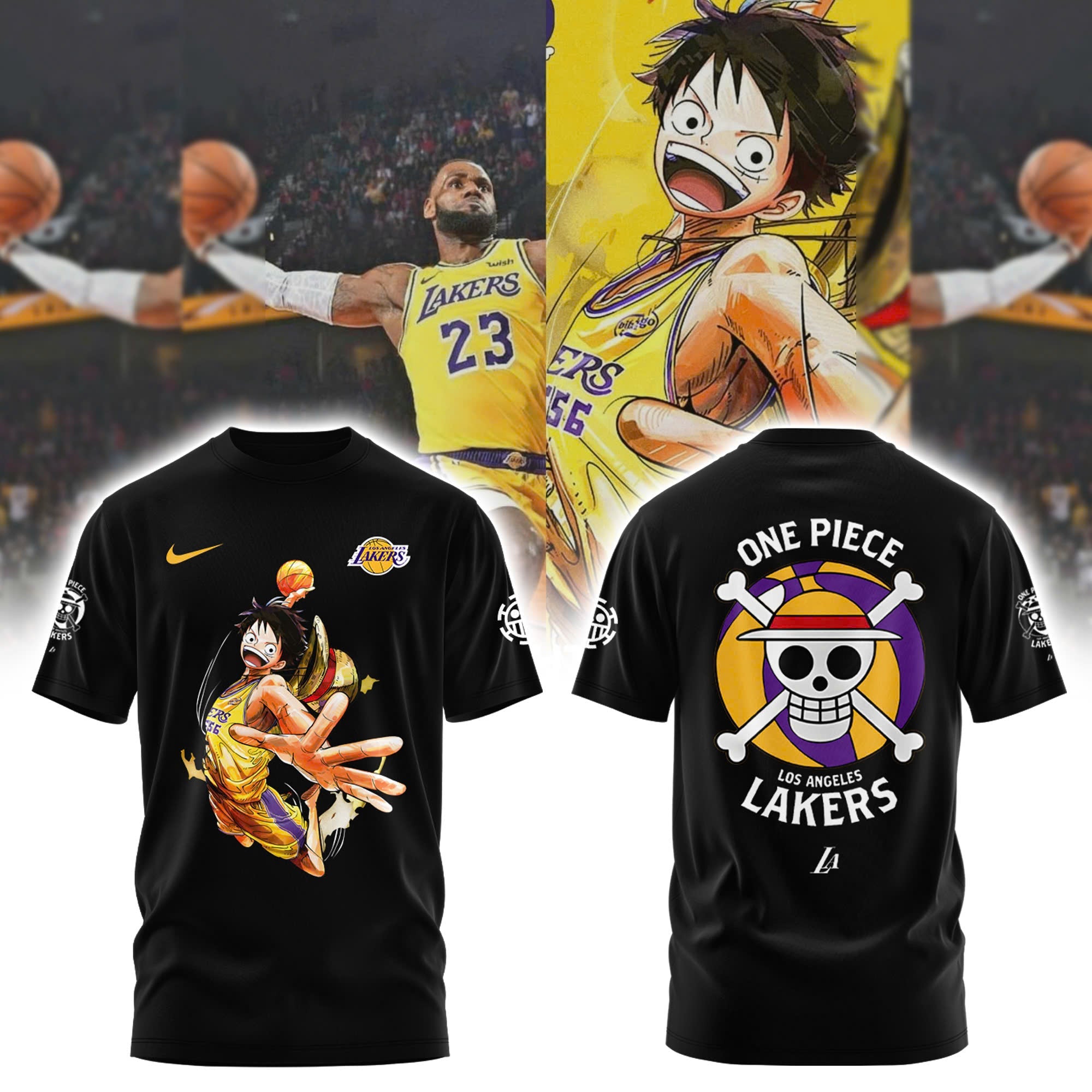 Buildercar - Luffy One Piece feat NBA LA Lakers Black T-Shirt Hoodie Suit