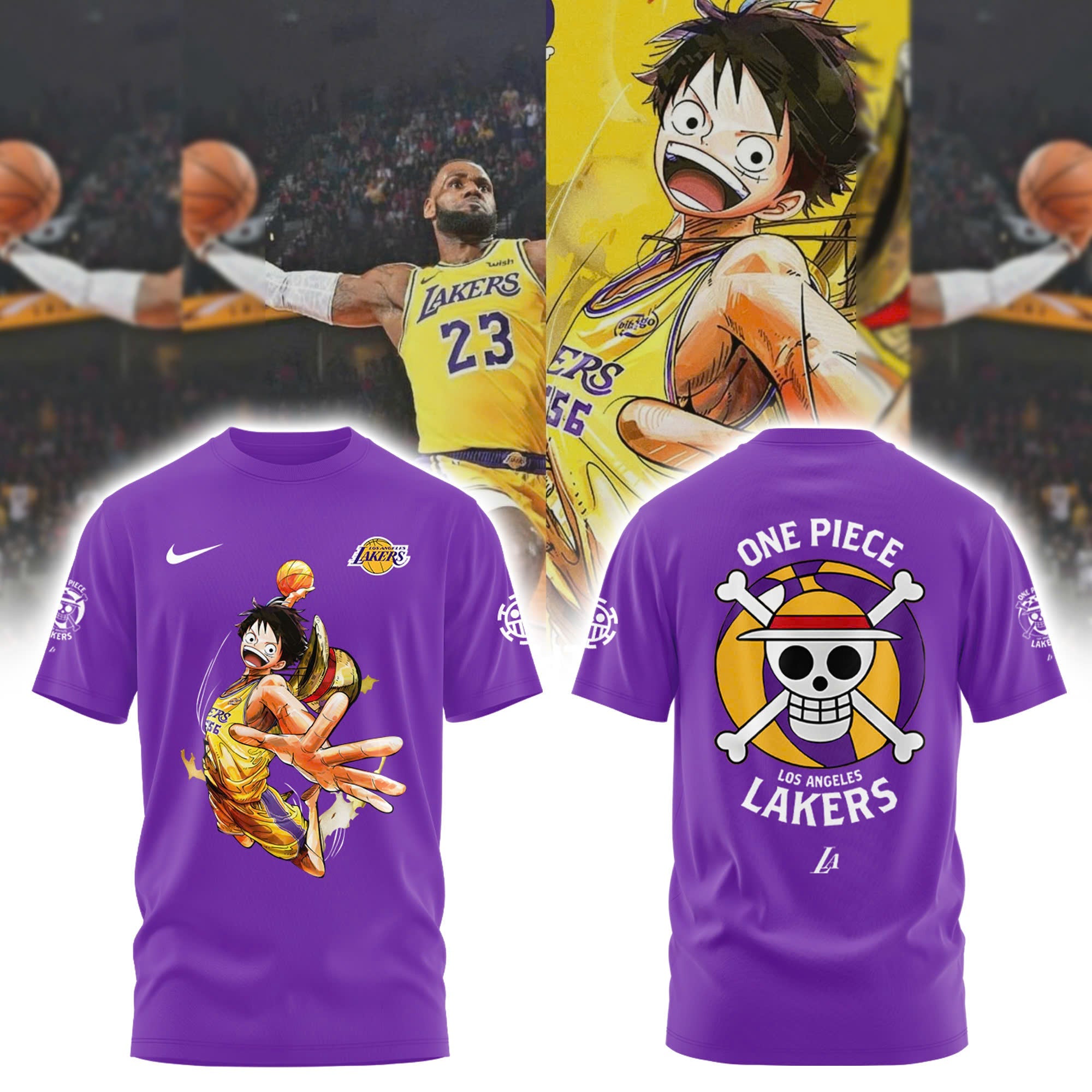 Buildercar - Luffy One Piece feat NBA LA Lakers Purple T-Shirt Hoodie Suit