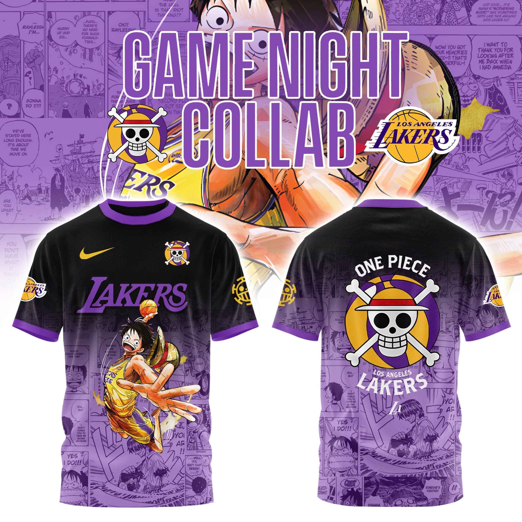 Buildercar - Luffy One Piece feat NBA Lakers Black 3DT-Shirt Hoodie Suit