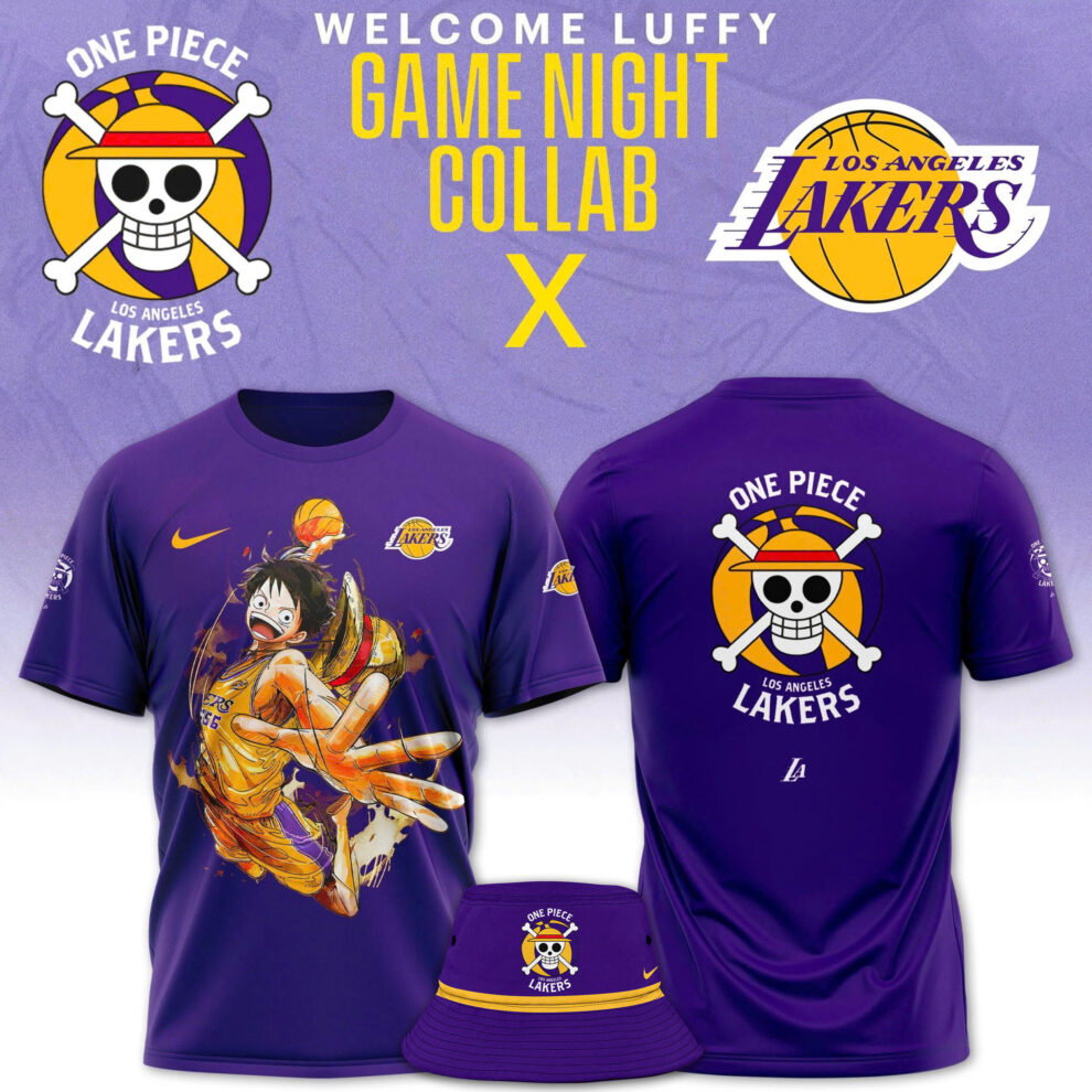 Buildercar - Luffy One Piece feat NBA Lakers White Purple T-Shirt Hoodie Suit