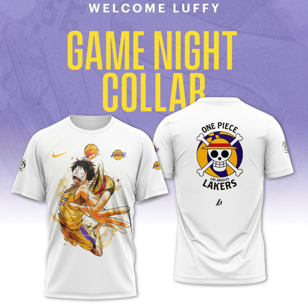 Buildercar - Luffy One Piece  feat NBA Lakers White T-Shirt Hoodie Suit