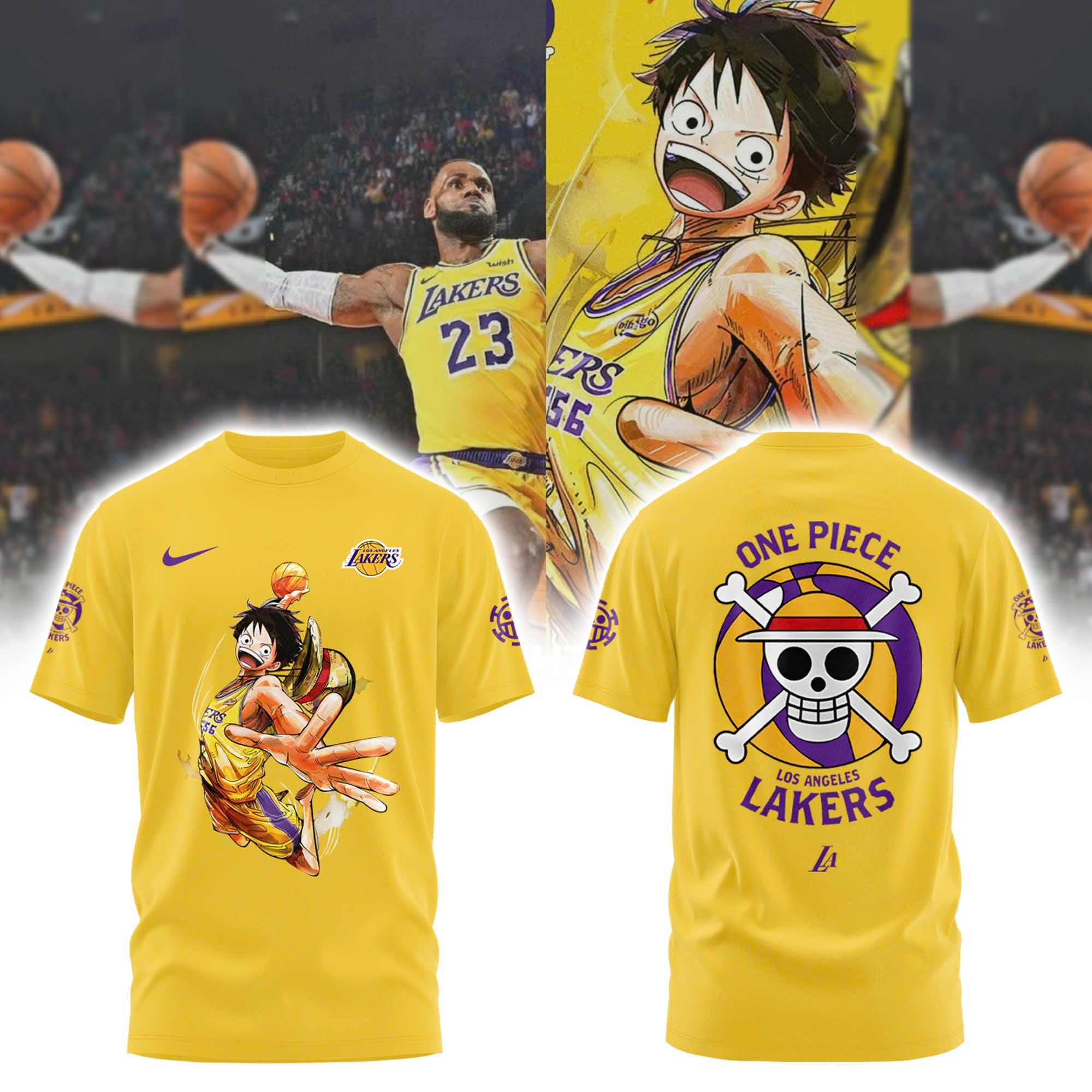 Buildercar - Luffy One Piece feat NBA Lakers Yellow T-Shirt Hoodie Suit