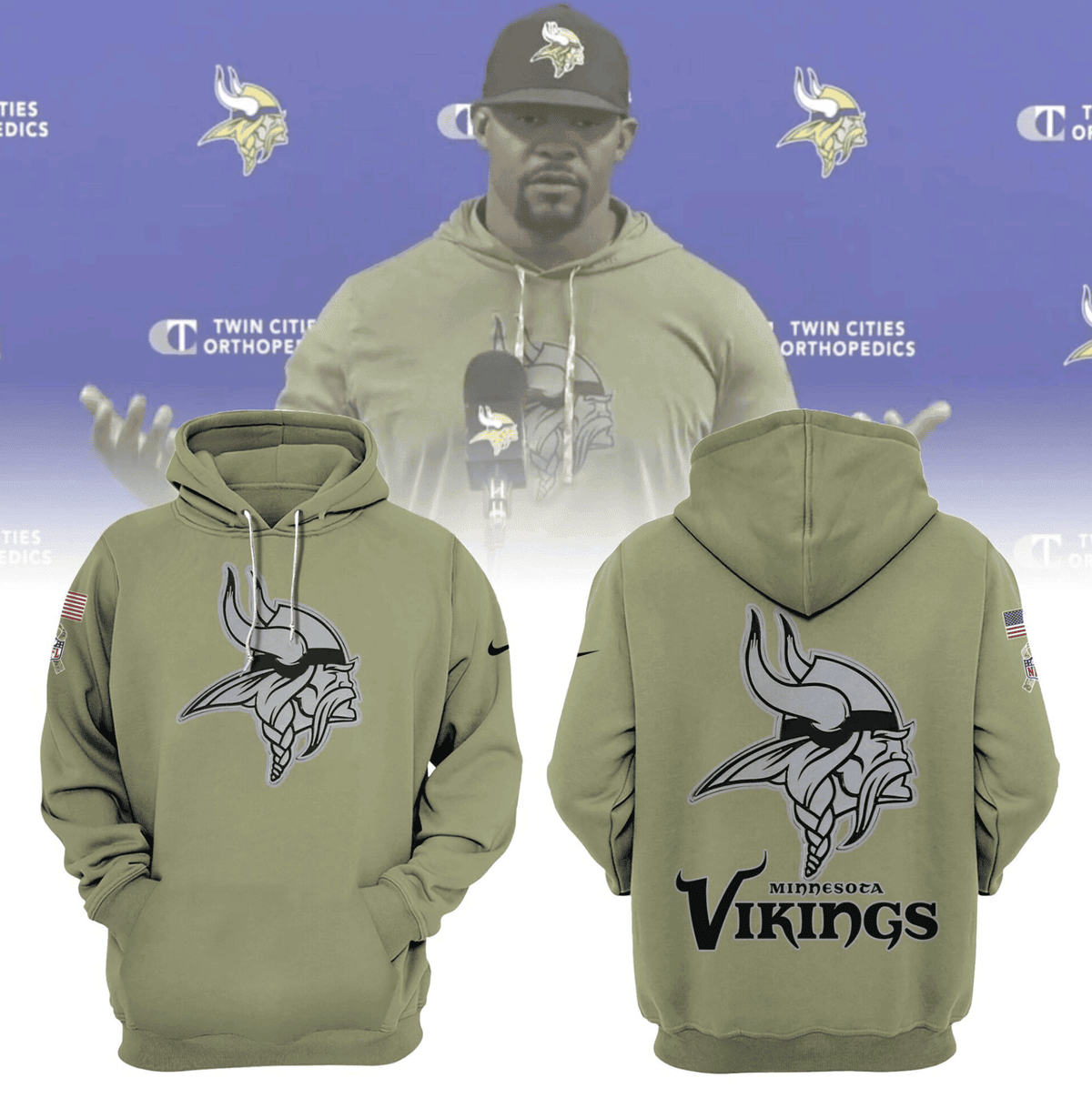 Buildercar - Minnesota Vikings military green V9 NFL 3D Hoodie