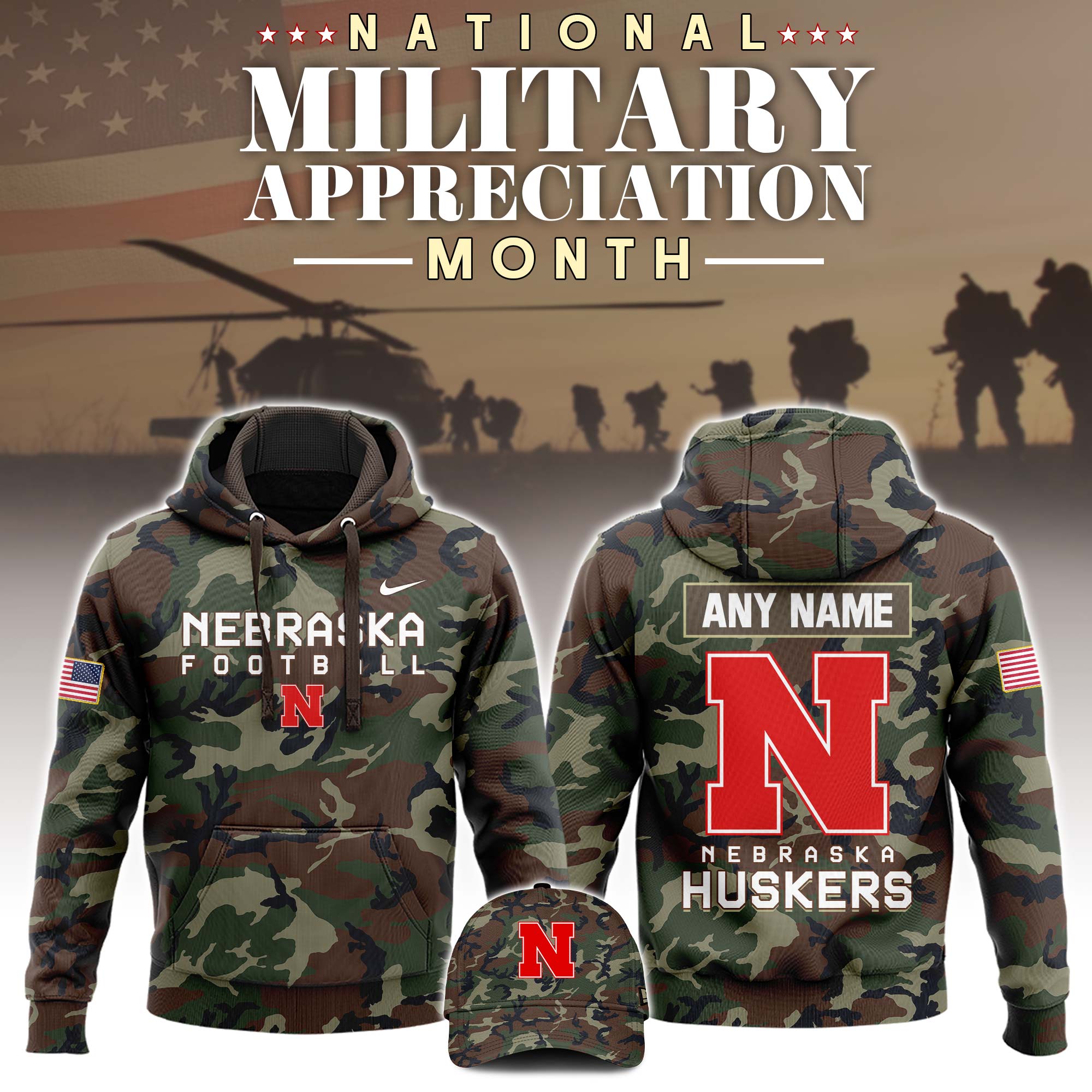 Buildercar - Nebraska Cornhuskers Football 2025 Military Appreciation Custom Name NCAA Hoodie Tracksuit