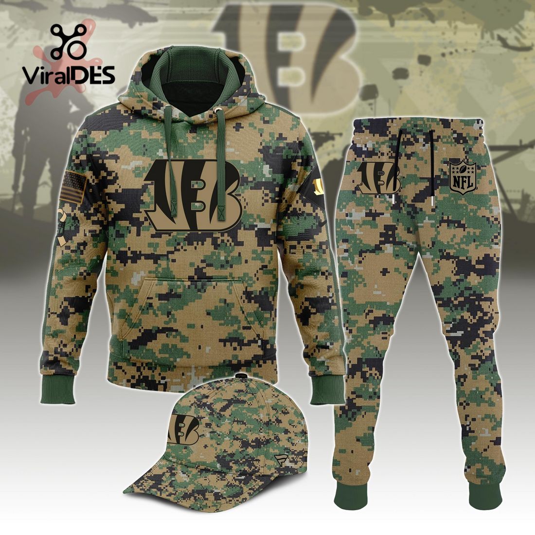 Buildercar - NFL Cincinnati Bengals Army Camo Sport Hoodie Sweatpant Tracksuit (Non Cap)