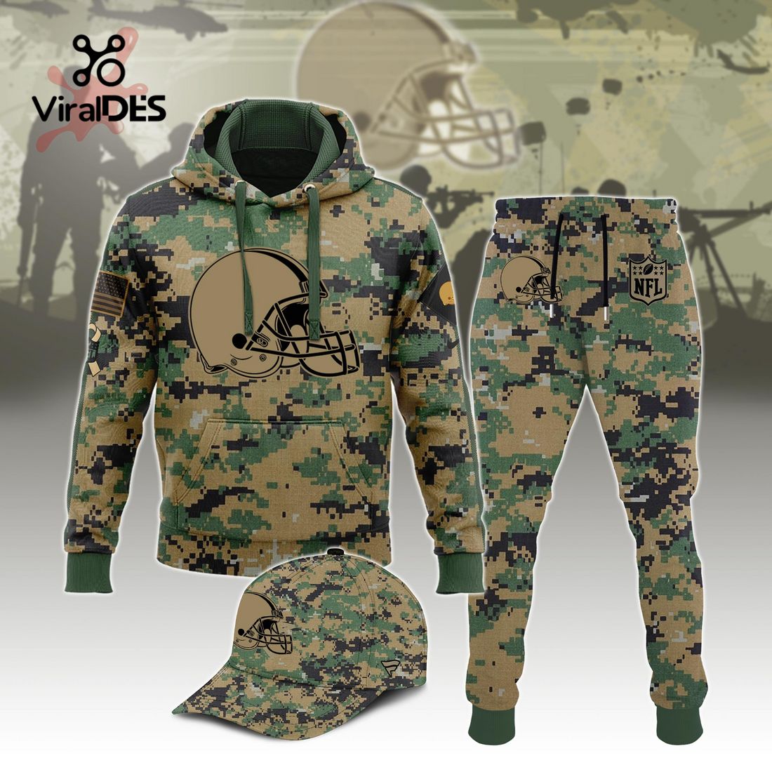 Buildercar - NFL Cleveland Browns Army Camo Sport Hoodie Sweatpant Tracksuit (Non Cap)