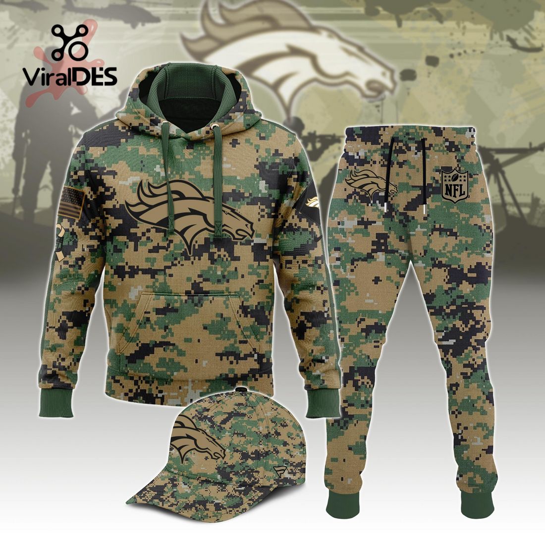 Buildercar - NFL Denver Broncos Army Camo Sport Hoodie Sweatpant Tracksuit (Non Cap)