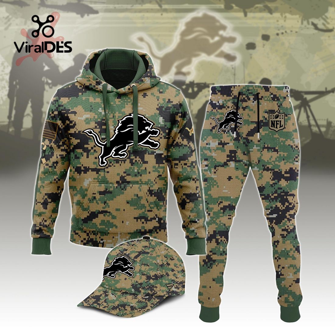 Buildercar - NFL Detroit Lions Army Camo Sport Hoodie Sweatpant Tracksuit (Non Cap)