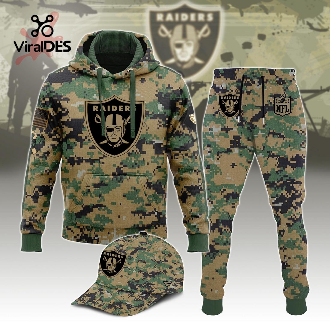 Buildercar - NFL Las Vegas Raiders Army Camo Sport Hoodie Sweatpant Tracksuit (Non Cap)