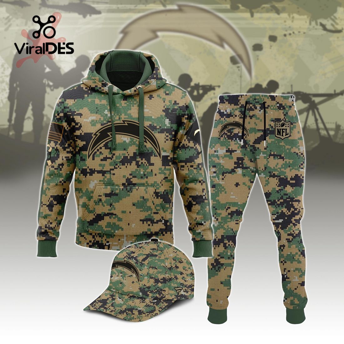 Buildercar - NFL Los Angeles Chargers Army Camo Sport Hoodie Sweatpant Tracksuit (Non Cap)