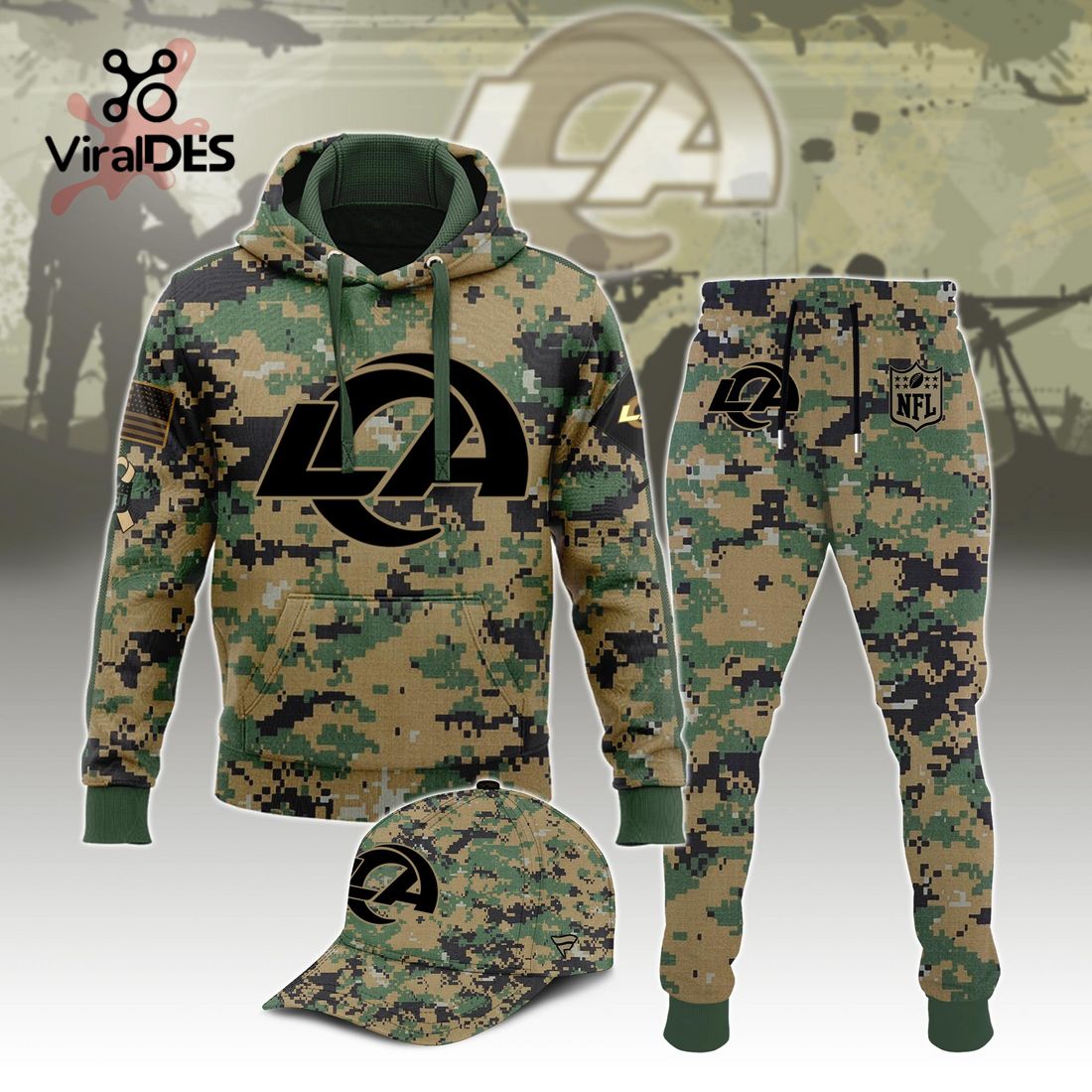 Buildercar - NFL Los Angeles Rams Army Camo Sport Hoodie Sweatpant Tracksuit (Non Cap)