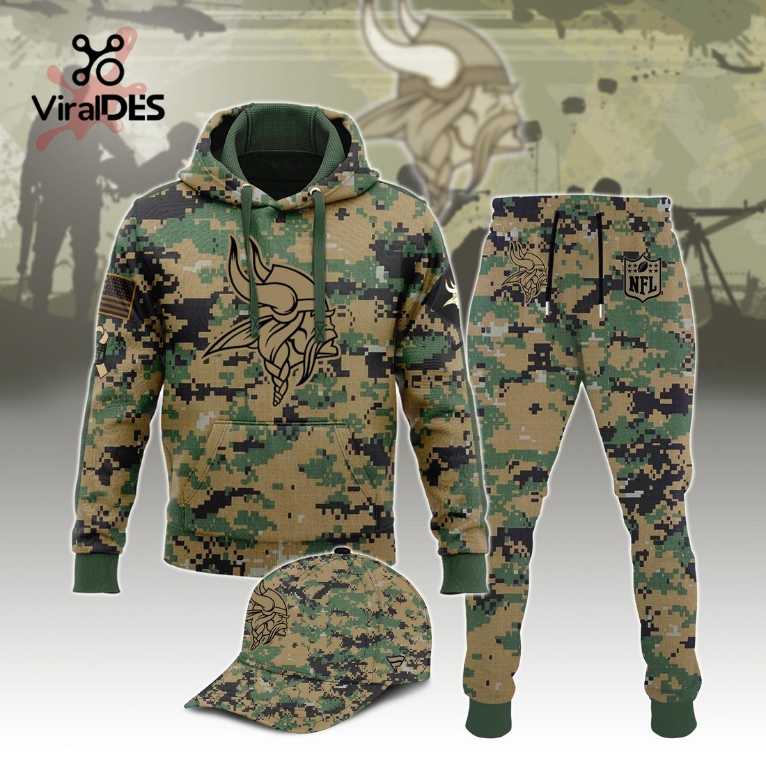 Buildercar - NFL Minnesota Vikings Army Camo Sport Hoodie Sweatpant Tracksuit (Non Cap)
