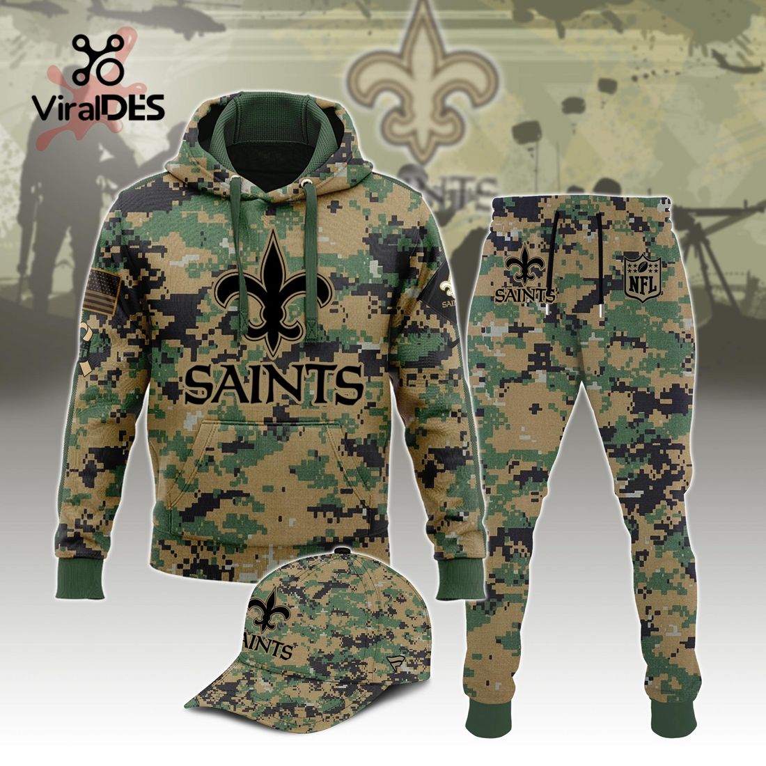 Buildercar - NFL New Orleans Saints Army Camo Sport Hoodie Sweatpant Tracksuit (Non Cap)