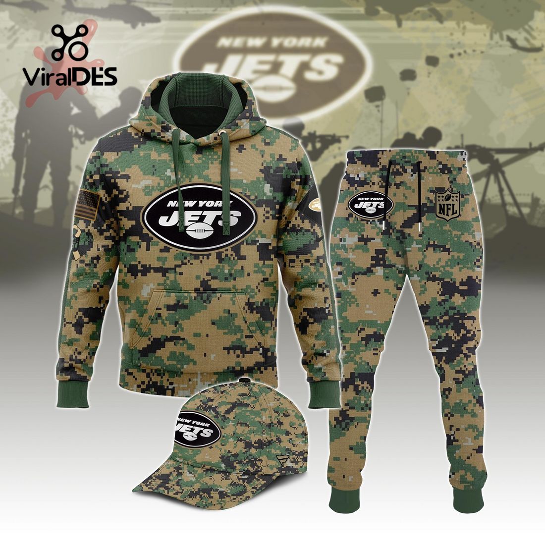 Buildercar - NFL New York Jets Army Camo Sport Hoodie Sweatpant Tracksuit (Non Cap)