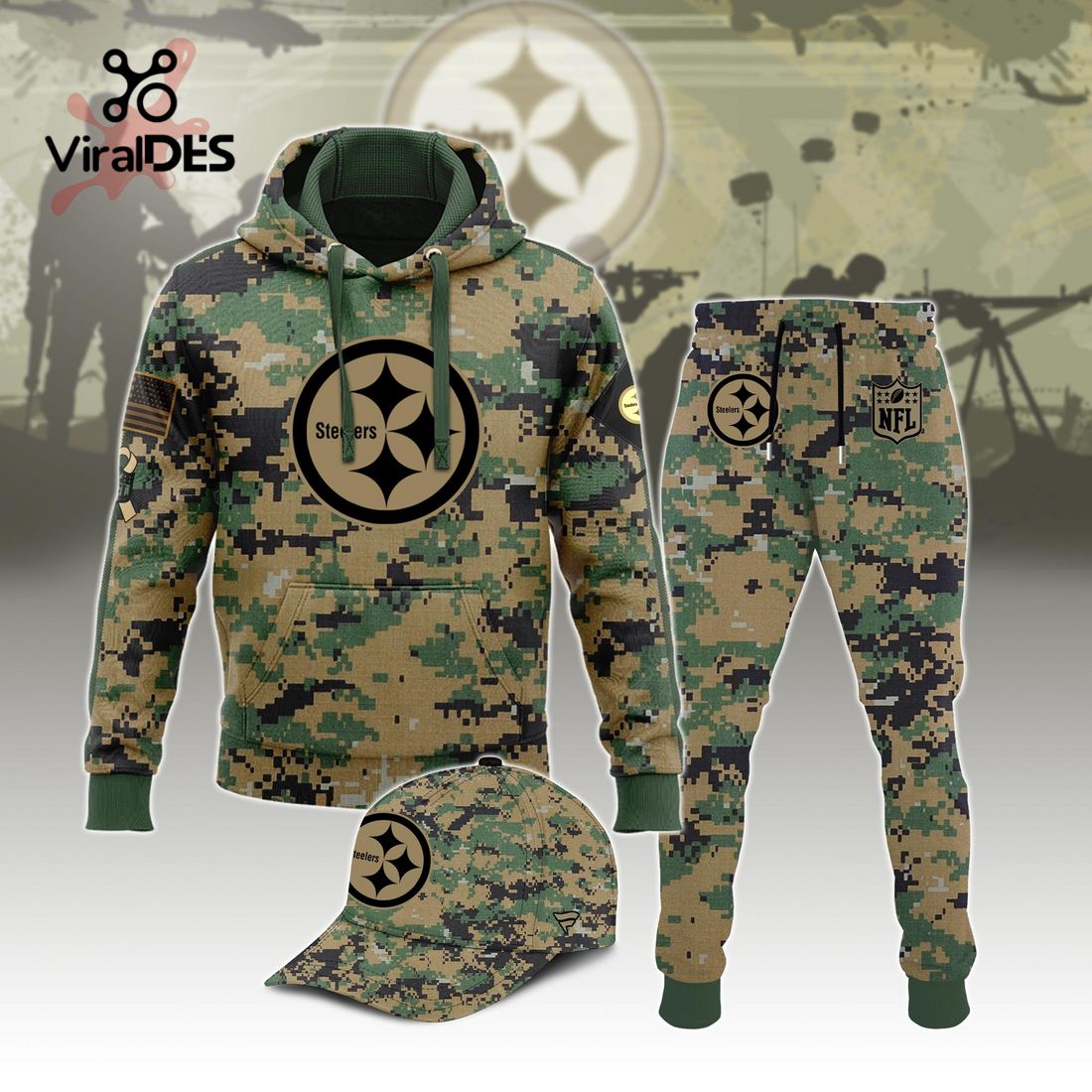 Buildercar - NFL Pittsburgh Steelers Army Camo Sport Hoodie Sweatpant Tracksuit (Non Cap)