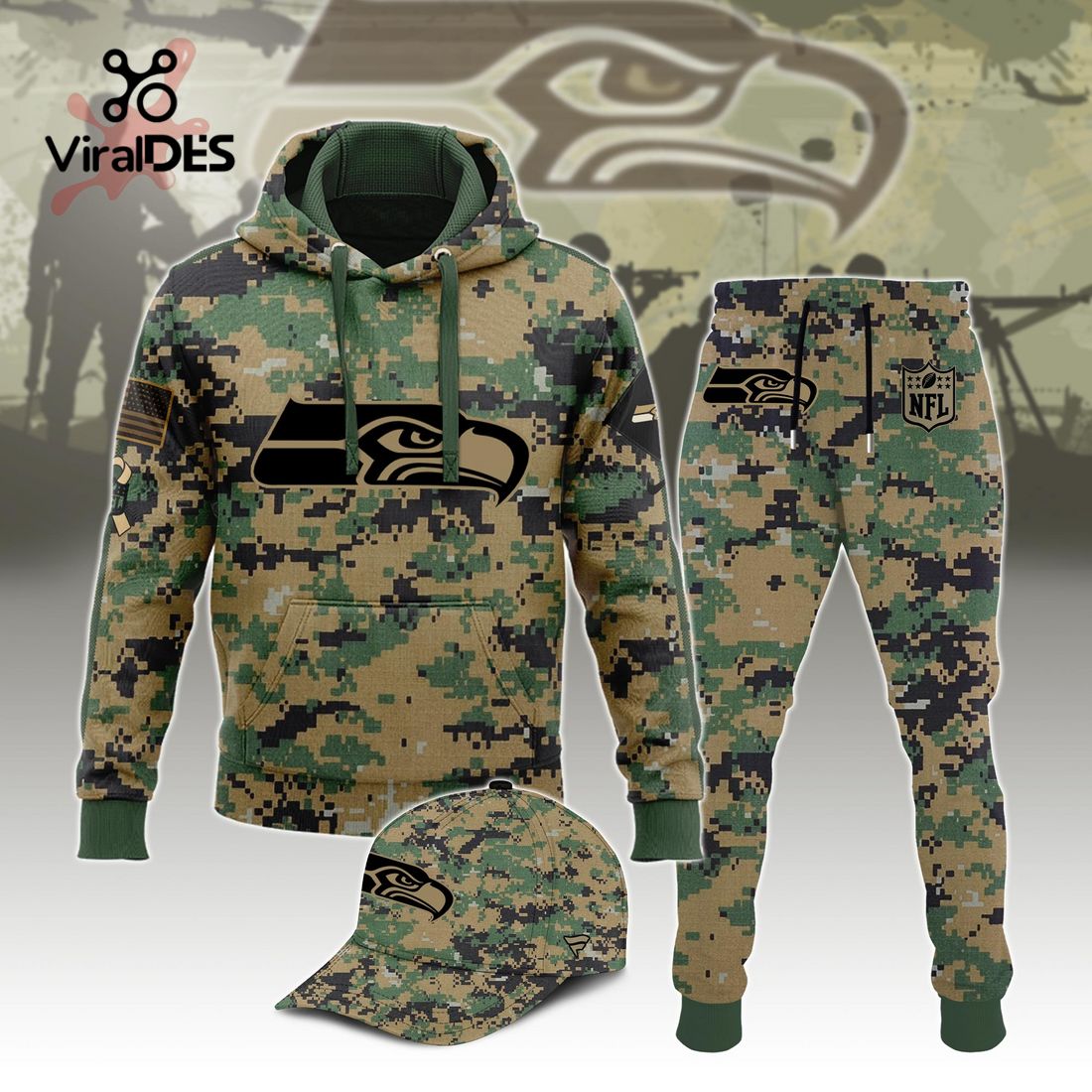 Buildercar - NFL Seattle Seahawks Army Camo Sport Hoodie Sweatpant Tracksuit (Non Cap)