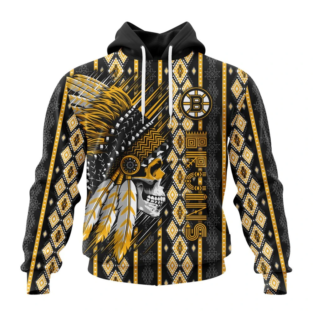 Buildercar - NHL Boston Bruins Awesome Skull Native Design Custom Name and Number Hoodie