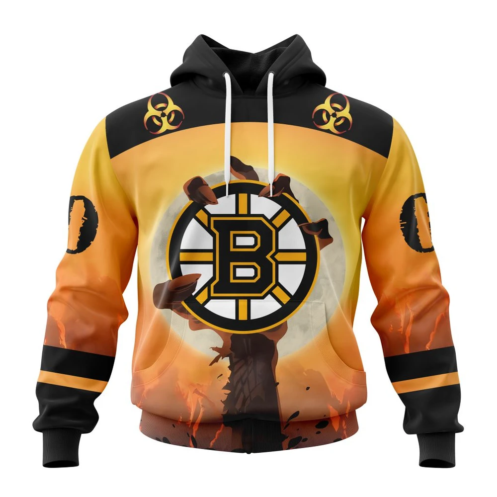 Buildercar - NHL Boston Bruins Awesome Zombie Design For Halloween Custom Name and Number Hoodie