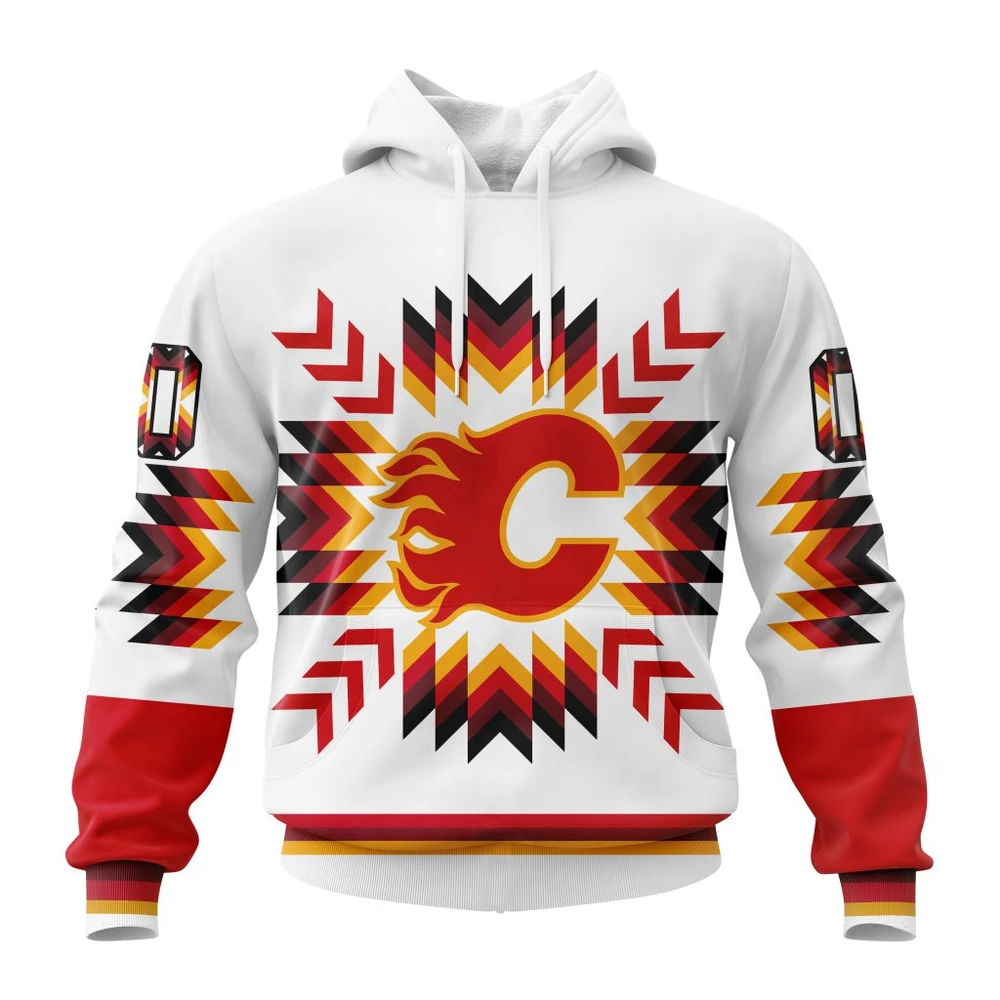 Buildercar - NHL Calgary Flames Awesome Design With Native Pattern Custom Name and Number Hoodie Style 133