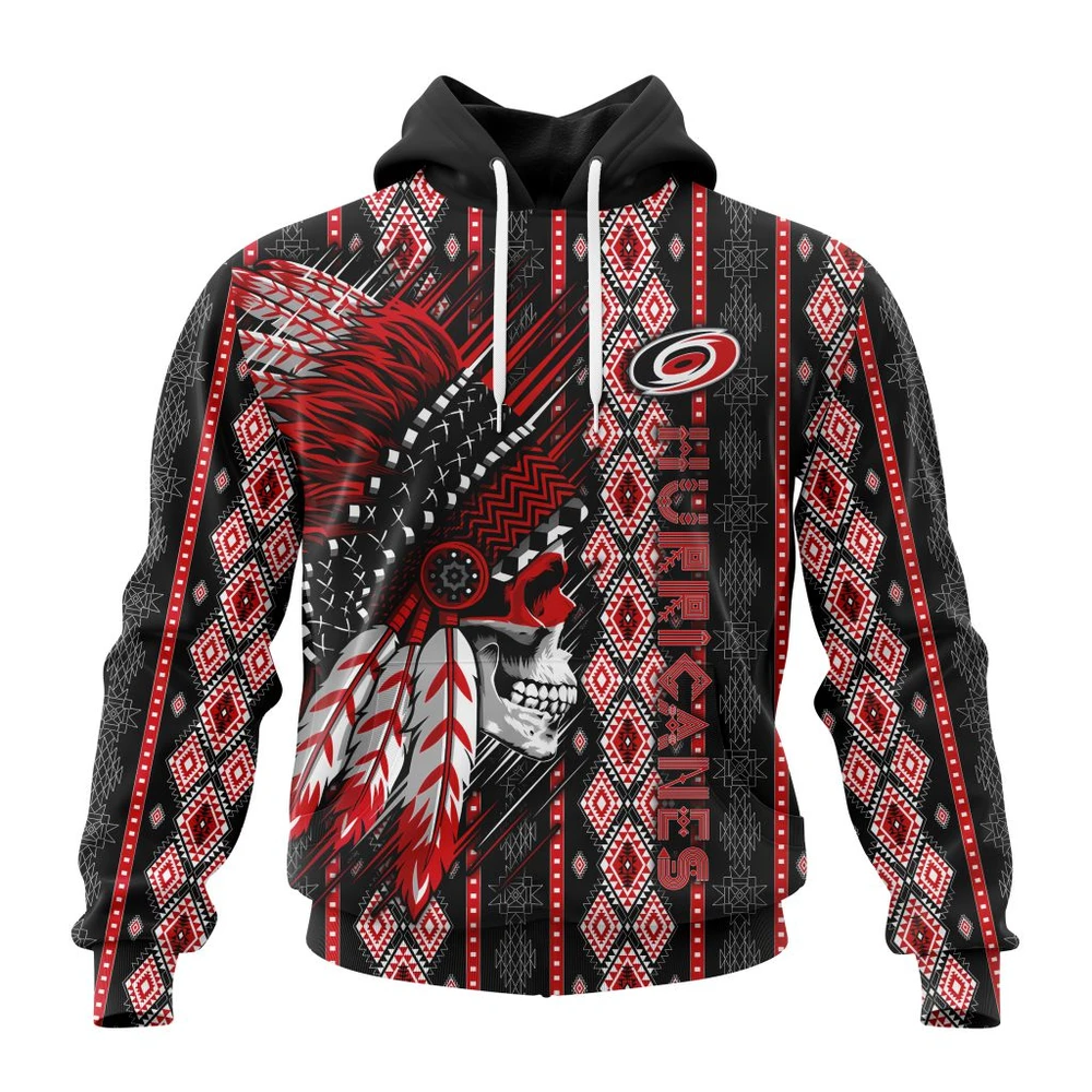 Buildercar - NHL Carolina Hurricanes Awesome Skull Native Design Custom Name and Number Hoodie